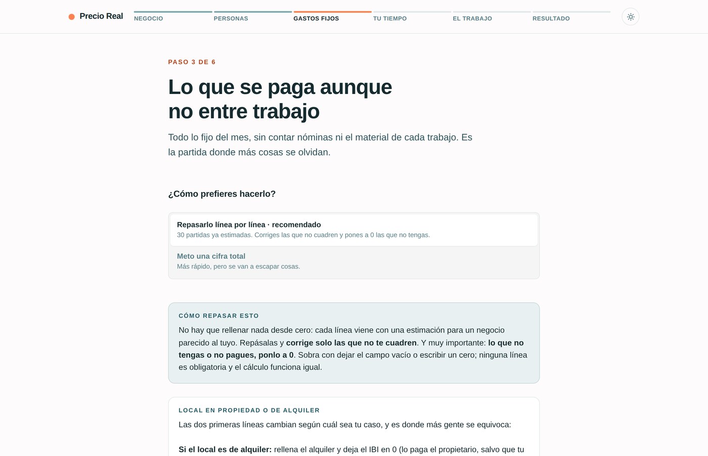 Pantalla de gastos fijos con las líneas de estructura