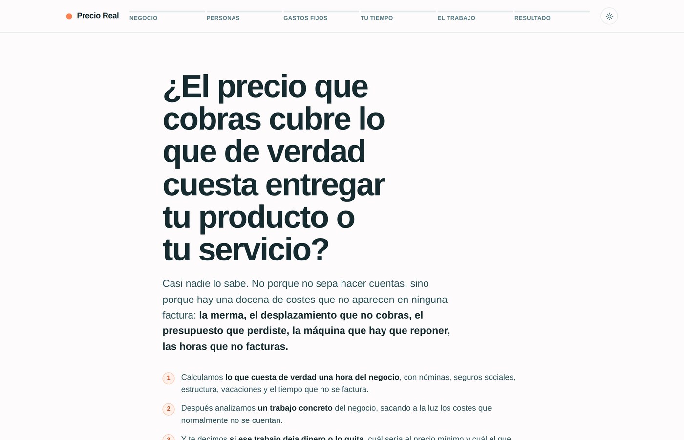 Pantalla de inicio de la calculadora Precio Real