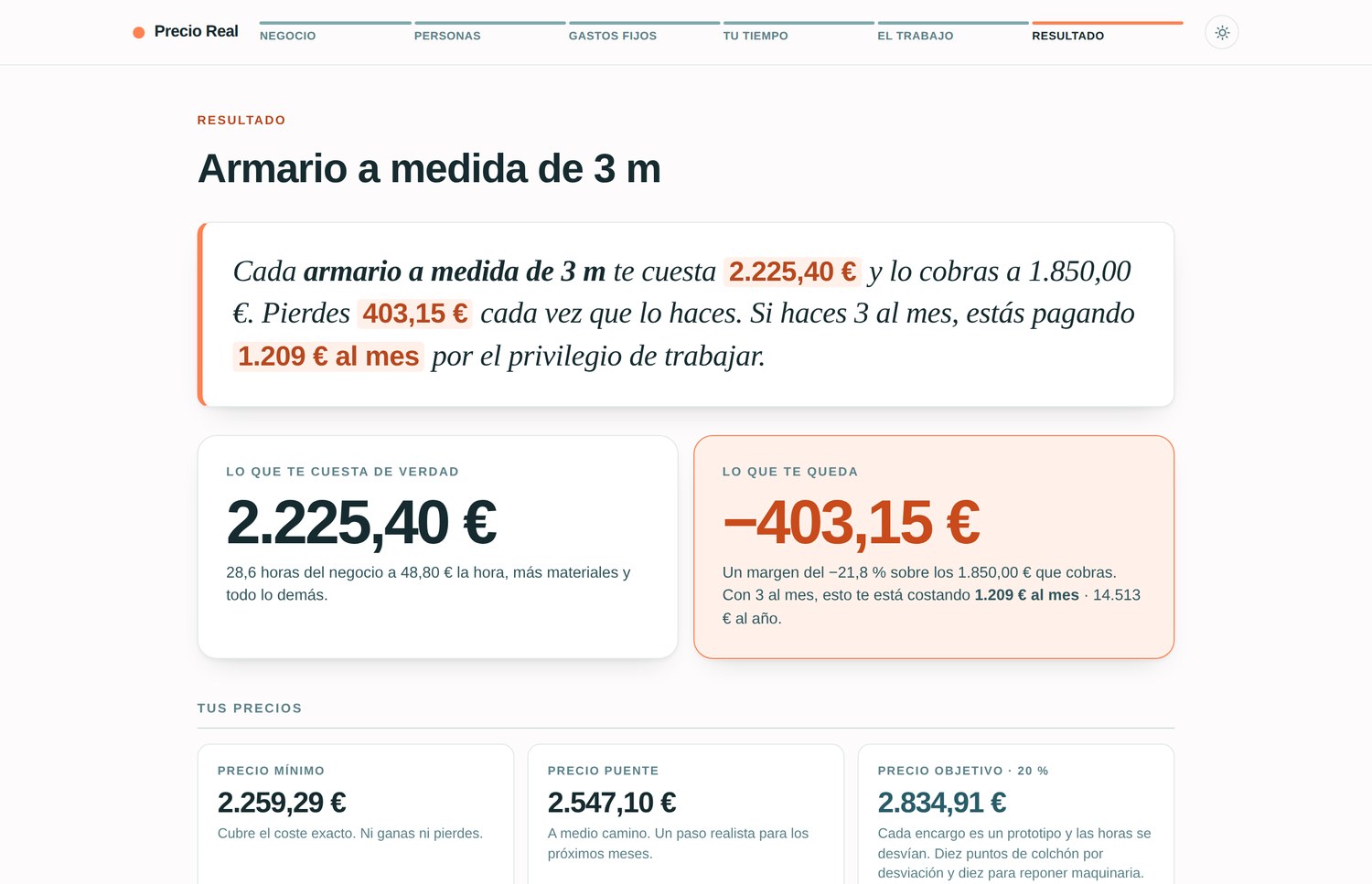 Pantalla de resultado de la calculadora Precio Real: coste real del trabajo, margen y los tres precios recomendados