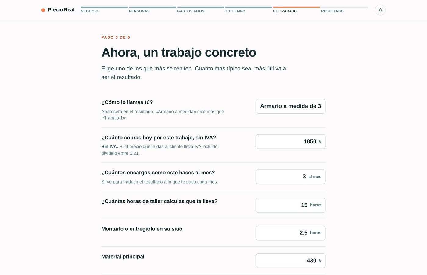 Pantalla donde se introducen los datos del trabajo concreto a analizar